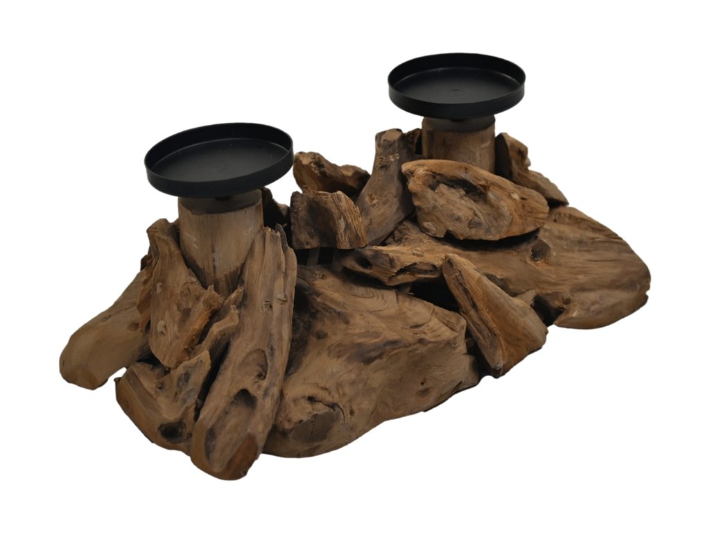 Kaarsenhouder op voet dubbel - 32x18x14 - Naturel/zwart - Drijfhout/metaal - WeAreTables